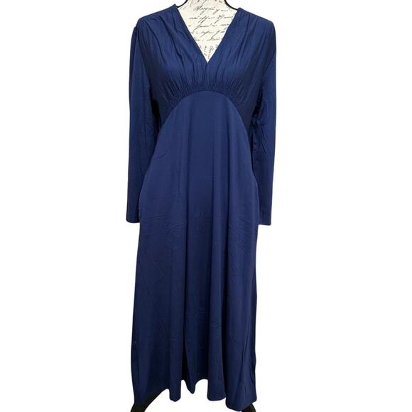 Quince Dresses & Skirts - Quince V-neck Long Sleeve Midi Dress Size L Navy Soft Tensel Knit Pockets NEW